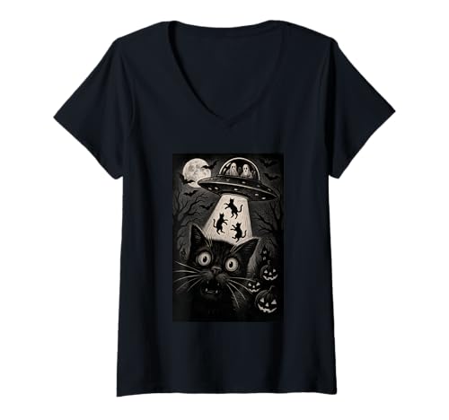 Damen Halloween Katze Selfie Gruselige Alien Entführung Katzen UFO Fliegen T-Shirt mit V-Ausschnitt Damen Halloween Katze Selfie Gruselige Alien Entführung Katzen UFO Fliegen T-Shirt mit V-Ausschnitt von Funny Halloween Cat Selfie Alien Abduction Cat UFO