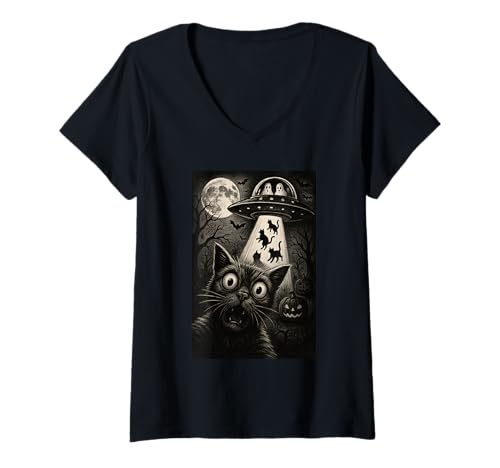 Damen Halloween Katze Selfie Gruselige Alien Entführung Katzen UFO Fliegen T-Shirt mit V-Ausschnitt Damen Halloween Katze Selfie Gruselige Alien Entführung Katzen UFO Fliegen T-Shirt mit V-Ausschnitt von Funny Halloween Cat Selfie Alien Abduction Cat UFO