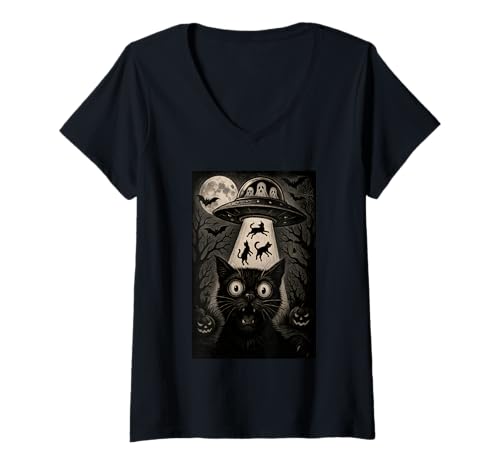 Damen Halloween Katze Selfie Gruselige Alien Entführung Katzen UFO Fliegen T-Shirt mit V-Ausschnitt Damen Halloween Katze Selfie Gruselige Alien Entführung Katzen UFO Fliegen T-Shirt mit V-Ausschnitt von Funny Halloween Cat Selfie Alien Abduction Cat UFO
