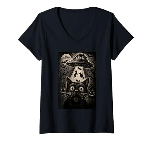 Damen Halloween Katze Selfie Gruselige Alien Entführung Katzen UFO Fliegen T-Shirt mit V-Ausschnitt Damen Halloween Katze Selfie Gruselige Alien Entführung Katzen UFO Fliegen T-Shirt mit V-Ausschnitt von Funny Halloween Cat Selfie Alien Abduction Cat UFO