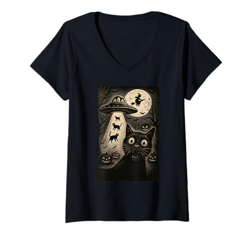 Damen Halloween Katze Selfie Gruselige Alien Entführung Katzen UFO Fliegen T-Shirt mit V-Ausschnitt Damen Halloween Katze Selfie Gruselige Alien Entführung Katzen UFO Fliegen T-Shirt mit V-Ausschnitt von Funny Halloween Cat Selfie Alien Abduction Cat UFO