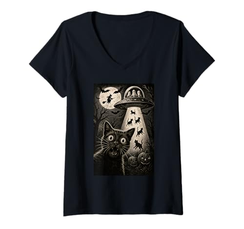Damen Halloween Katze Selfie Gruselige Alien Entführung Katzen UFO Fliegen T-Shirt mit V-Ausschnitt Damen Halloween Katze Selfie Gruselige Alien Entführung Katzen UFO Fliegen T-Shirt mit V-Ausschnitt von Funny Halloween Cat Selfie Alien Abduction Cat UFO