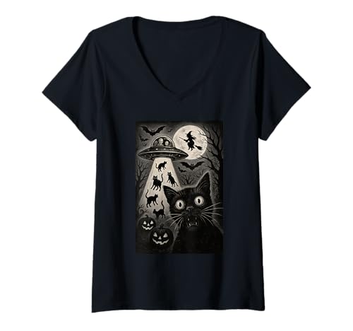 Damen Halloween Katze Selfie Gruselige Nacht Alien Entführung Katzen UFO T-Shirt mit V-Ausschnitt Damen Halloween Katze Selfie Gruselige Nacht Alien Entführung Katzen UFO T-Shirt mit V-Ausschnitt von Funny Halloween Cat Selfie Alien Abduction Cat UFO
