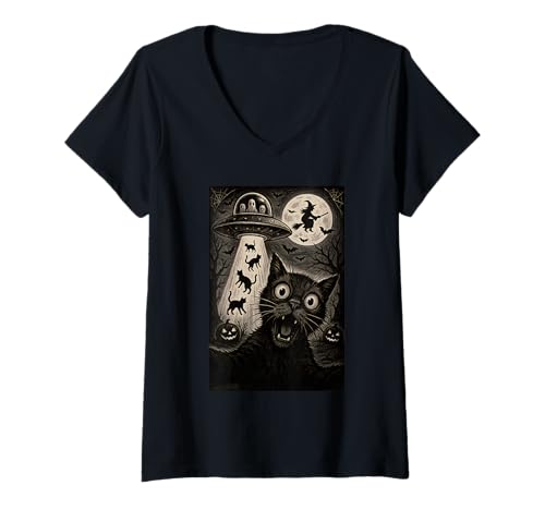 Damen Halloween Katze Selfie Gruselige Nacht Alien Entführung Katzen UFO T-Shirt mit V-Ausschnitt Damen Halloween Katze Selfie Gruselige Nacht Alien Entführung Katzen UFO T-Shirt mit V-Ausschnitt von Funny Halloween Cat Selfie Alien Abduction Cat UFO