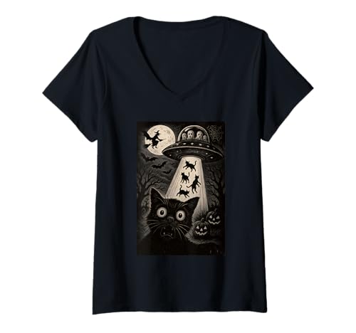 Damen Halloween Katze Selfie Gruselige Nacht Alien Entführung Katzen UFO T-Shirt mit V-Ausschnitt Damen Halloween Katze Selfie Gruselige Nacht Alien Entführung Katzen UFO T-Shirt mit V-Ausschnitt von Funny Halloween Cat Selfie Alien Abduction Cat UFO