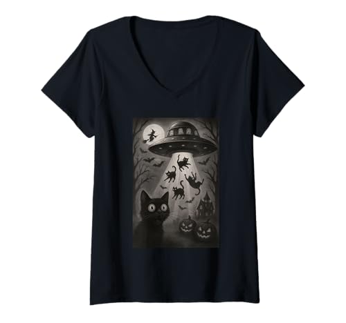 Damen Halloween Katze Selfie Gruselige Nacht Alien Entführung Katzen UFO T-Shirt mit V-Ausschnitt Damen Halloween Katze Selfie Gruselige Nacht Alien Entführung Katzen UFO T-Shirt mit V-Ausschnitt von Funny Halloween Cat Selfie Alien Abduction Cat UFO