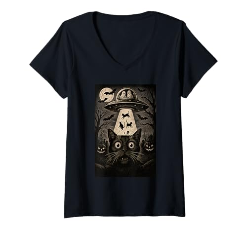 Damen Halloween Katze Selfie Gruselige Nacht Alien Entführung Katzen UFO T-Shirt mit V-Ausschnitt Damen Halloween Katze Selfie Gruselige Nacht Alien Entführung Katzen UFO T-Shirt mit V-Ausschnitt von Funny Halloween Cat Selfie Alien Abduction Cat UFO