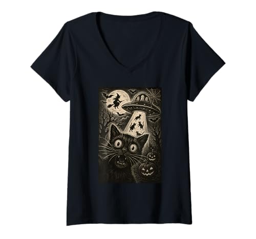Damen Halloween Katze Selfie Gruselige Nacht Alien Entführung Katzen UFO T-Shirt mit V-Ausschnitt Damen Halloween Katze Selfie Gruselige Nacht Alien Entführung Katzen UFO T-Shirt mit V-Ausschnitt von Funny Halloween Cat Selfie Alien Abduction Cat UFO