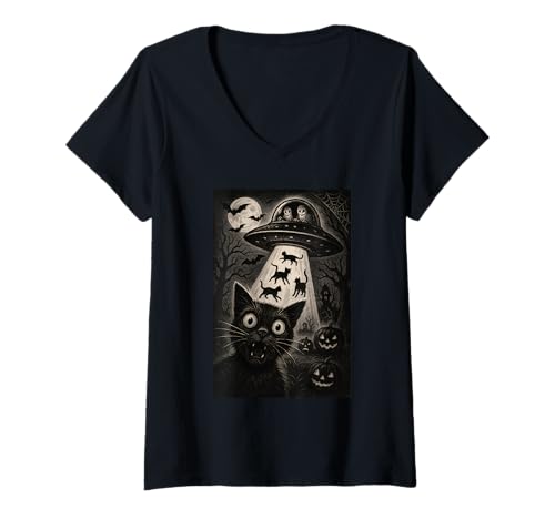 Damen Halloween Katze Selfie Gruselige Nacht Alien Entführung Katzen UFO T-Shirt mit V-Ausschnitt Damen Halloween Katze Selfie Gruselige Nacht Alien Entführung Katzen UFO T-Shirt mit V-Ausschnitt von Funny Halloween Cat Selfie Alien Abduction Cat UFO