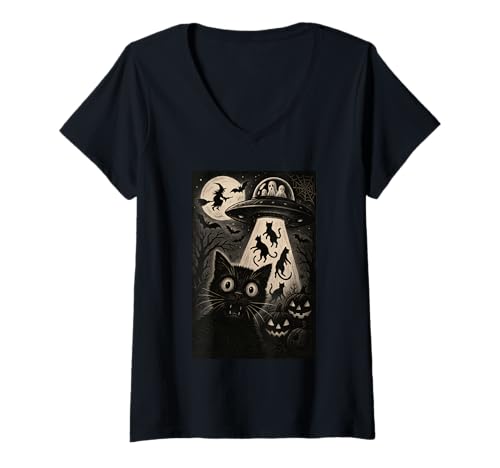 Damen Halloween Katze Selfie Gruselige Nacht Alien Entführung Katzen UFO T-Shirt mit V-Ausschnitt Damen Halloween Katze Selfie Gruselige Nacht Alien Entführung Katzen UFO T-Shirt mit V-Ausschnitt von Funny Halloween Cat Selfie Alien Abduction Cat UFO