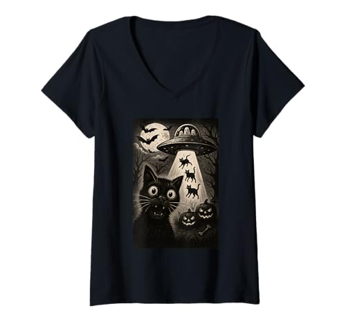 Damen Halloween Katze Selfie Gruselige Nacht Alien Entführung Katzen UFO T-Shirt mit V-Ausschnitt Damen Halloween Katze Selfie Gruselige Nacht Alien Entführung Katzen UFO T-Shirt mit V-Ausschnitt von Funny Halloween Cat Selfie Alien Abduction Cat UFO