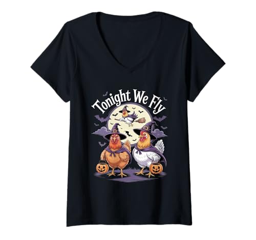 Damen Heute Abend fliegen wir Halloween Lustige Hühner Hähne Hexen T-Shirt mit V-Ausschnitt Damen Heute Abend fliegen wir Halloween Lustige Hühner Hähne Hexen T-Shirt mit V-Ausschnitt von Funny Halloween Chicken Witches Costume