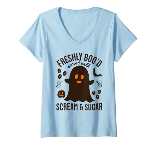 Damen Freshly Boo'd serviert mit Scream and Sugar Coffee Ghost T-Shirt mit V-Ausschnitt von Funny Halloween Coffee Designs for Baristas & Fans