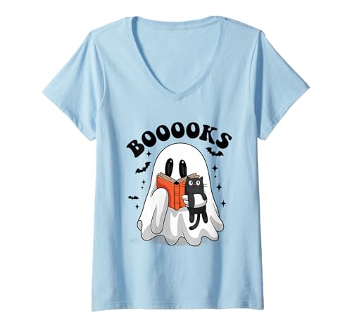Damen Booooks Lustiges Geister-Lesebuch Halloween Lehrer Bibliothekar T-Shirt mit V-Ausschnitt von Funny Halloween Costume Designs