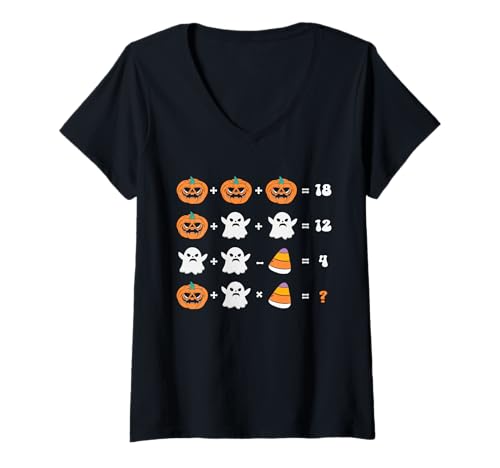 Damen Lustiges Halloween Mathematiklehrer Reihenfolge der Operationen Gruseliges Quiz T-Shirt mit V-Ausschnitt von Funny Halloween Costume Designs
