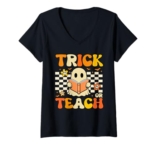 Damen Trick Or Teach Groovy Ghost Teacher im Retro-Look, Halloween T-Shirt mit V-Ausschnitt von Funny Halloween Costume Designs