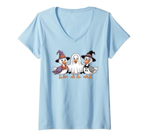 Damen Niedliche Ente Boo Lustige Gruselgans Halloween Herbst Kürbis T-Shirt mit V-Ausschnitt von Funny Halloween Costume Duck Witch Ghost Duck