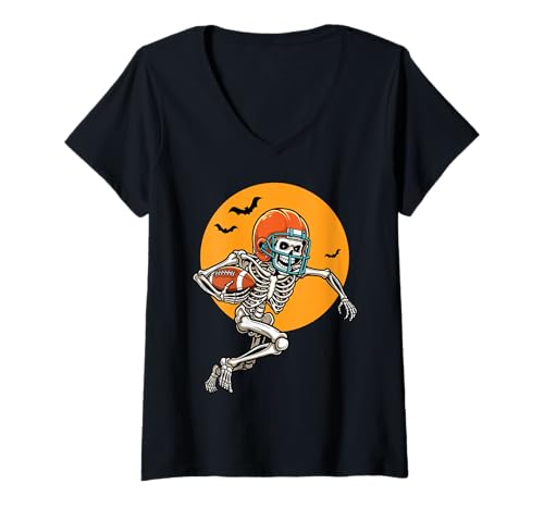 Damen Skelett American Football Halloween Kostüm Herren Jungen Kinder T-Shirt mit V-Ausschnitt Damen Skelett American Football Halloween Kostüm Herren Jungen Kinder T-Shirt mit V-Ausschnitt von Funny Halloween Costume Gifts shirts