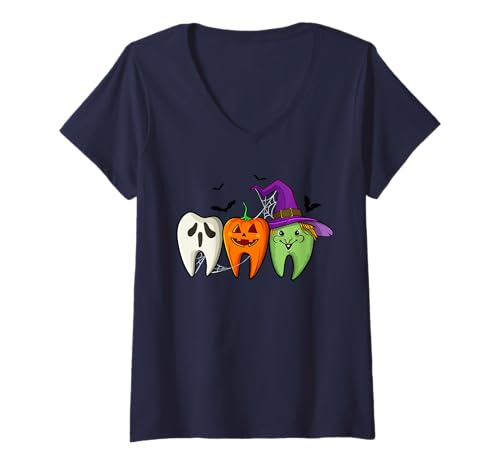 Damen Lustiges Halloween-Kostüm Zähne Geist Kürbis Hexe Zahnarzt T-Shirt mit V-Ausschnitt Damen Lustiges Halloween-Kostüm Zähne Geist Kürbis Hexe Zahnarzt T-Shirt mit V-Ausschnitt von Funny Halloween Costume Holiday Party Gift Store