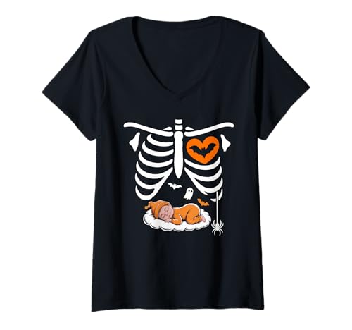Damen Halloween Lustiges Kostüm Schwangere Frau Kürbis Rippenkäfig T-Shirt mit V-Ausschnitt von Funny Halloween Costume Pregnant Woman Pumpkin