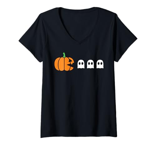 Damen Lustiger Halloween-Gamer Kürbis isst Geist T-Shirt mit V-Ausschnitt Damen Lustiger Halloween-Gamer Kürbis isst Geist T-Shirt mit V-Ausschnitt von Funny Halloween Costume Shirts For Men Women Kids