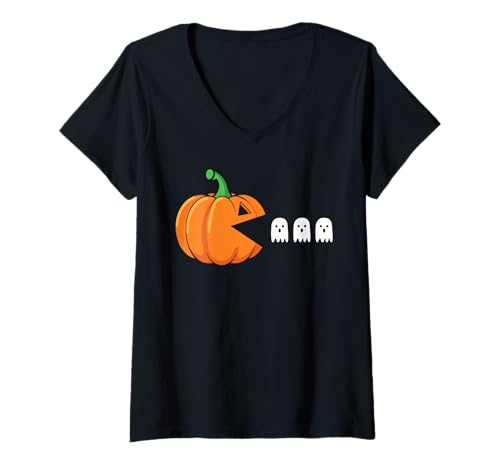 Damen Lustiger Halloween-Gamer Kürbis isst Geist T-Shirt mit V-Ausschnitt Damen Lustiger Halloween-Gamer Kürbis isst Geist T-Shirt mit V-Ausschnitt von Funny Halloween Costume Shirts For Men Women Kids