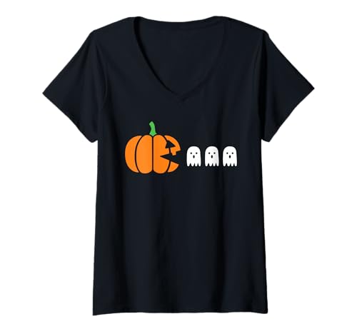 Damen Lustiger Halloween-Gamer Kürbis isst Geist T-Shirt mit V-Ausschnitt Damen Lustiger Halloween-Gamer Kürbis isst Geist T-Shirt mit V-Ausschnitt von Funny Halloween Costume Shirts For Men Women Kids