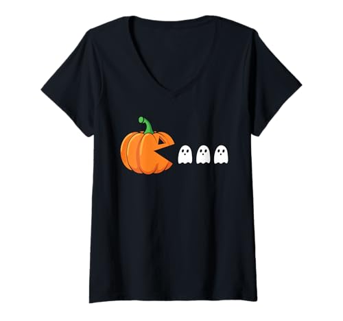 Damen Lustiger Halloween-Gamer Kürbis isst Geist T-Shirt mit V-Ausschnitt Damen Lustiger Halloween-Gamer Kürbis isst Geist T-Shirt mit V-Ausschnitt von Funny Halloween Costume Shirts For Men Women Kids