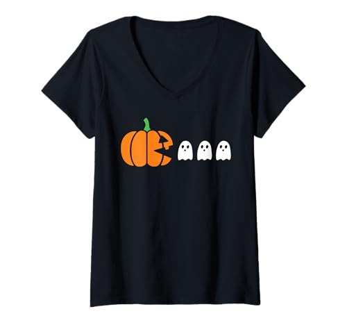 Damen Lustiger Halloween-Gamer Kürbis isst Geist T-Shirt mit V-Ausschnitt Damen Lustiger Halloween-Gamer Kürbis isst Geist T-Shirt mit V-Ausschnitt von Funny Halloween Costume Shirts For Men Women Kids