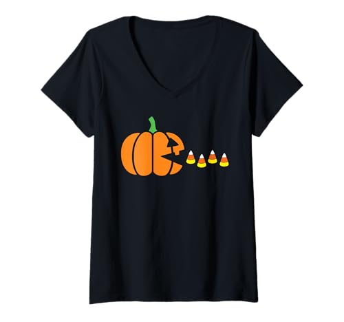 Damen Lustiger Halloween-Kürbis isst Süßigkeiten Mais T-Shirt mit V-Ausschnitt von Funny Halloween Costume Shirts For Men Women Kids