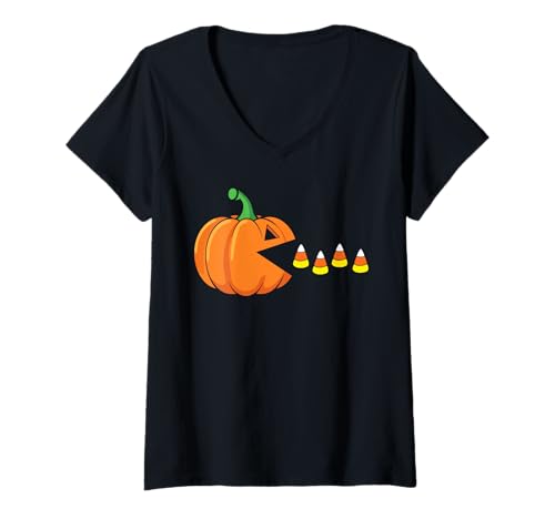 Damen Lustiger Halloween-Kürbis isst Süßigkeiten Mais T-Shirt mit V-Ausschnitt Damen Lustiger Halloween-Kürbis isst Süßigkeiten Mais T-Shirt mit V-Ausschnitt von Funny Halloween Costume Shirts For Men Women Kids