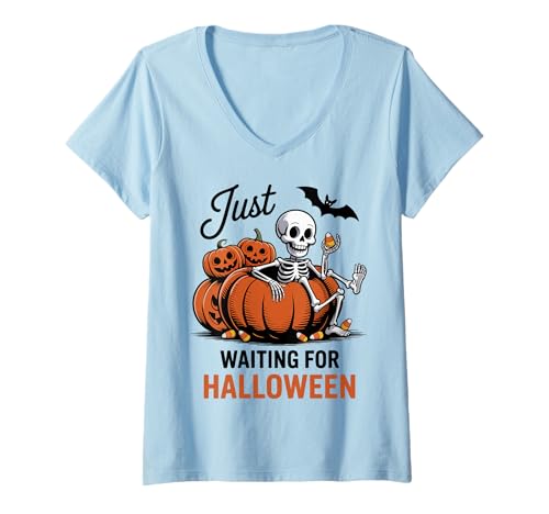 Damen Just Waiting for Halloween Skelett Spooky Summerween T-Shirt mit V-Ausschnitt Damen Just Waiting for Halloween Skelett Spooky Summerween T-Shirt mit V-Ausschnitt von Funny Halloween Costume for Men and Women