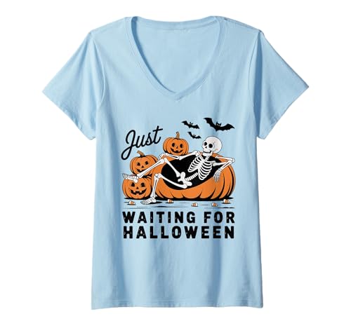 Damen Just Waiting for Halloween Skelett Spooky Summerween T-Shirt mit V-Ausschnitt Damen Just Waiting for Halloween Skelett Spooky Summerween T-Shirt mit V-Ausschnitt von Funny Halloween Costume for Men and Women