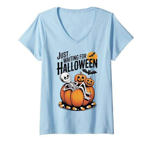 Damen Just Waiting for Halloween Skelett Spooky Summerween T-Shirt mit V-Ausschnitt Damen Just Waiting for Halloween Skelett Spooky Summerween T-Shirt mit V-Ausschnitt von Funny Halloween Costume for Men and Women