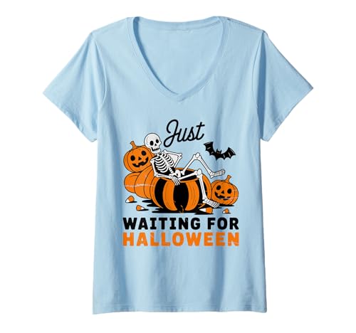 Damen Just Waiting for Halloween Skelett Spooky Summerween T-Shirt mit V-Ausschnitt Damen Just Waiting for Halloween Skelett Spooky Summerween T-Shirt mit V-Ausschnitt von Funny Halloween Costume for Men and Women