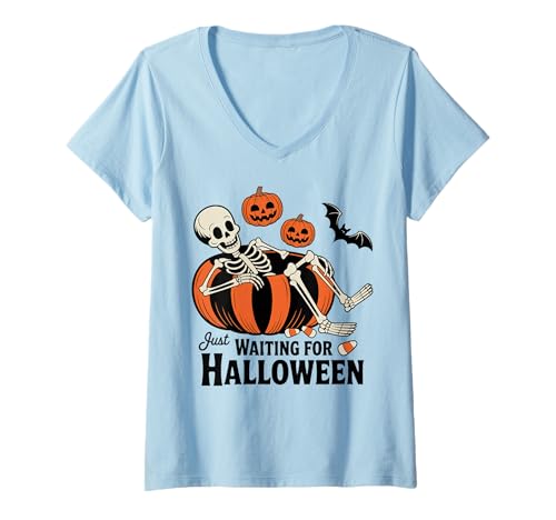Damen Just Waiting for Halloween Skelett Spooky Summerween T-Shirt mit V-Ausschnitt Damen Just Waiting for Halloween Skelett Spooky Summerween T-Shirt mit V-Ausschnitt von Funny Halloween Costume for Men and Women