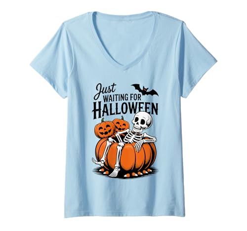 Damen Just Waiting for Halloween Skelett Spooky Summerween T-Shirt mit V-Ausschnitt Damen Just Waiting for Halloween Skelett Spooky Summerween T-Shirt mit V-Ausschnitt von Funny Halloween Costume for Men and Women