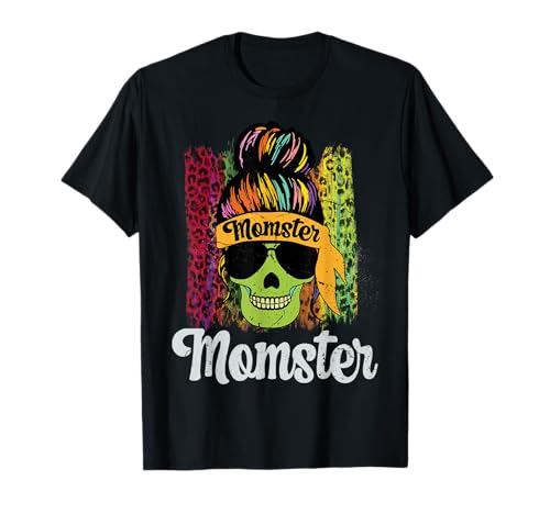 Momster Messy Bun Halloween Mama Leopard Halloween Kostüm T-Shirt Momster Messy Bun Halloween Mama Leopard Halloween Kostüm T-Shirt von Funny Halloween Costumes Mother Women