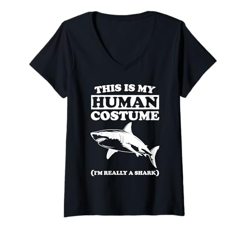 Damen This is My Human Costume I'm Really A Shark Funny Halloween T-Shirt mit V-Ausschnitt Damen This is My Human Costume I'm Really A Shark Funny Halloween T-Shirt mit V-Ausschnitt von Funny Halloween Costumes