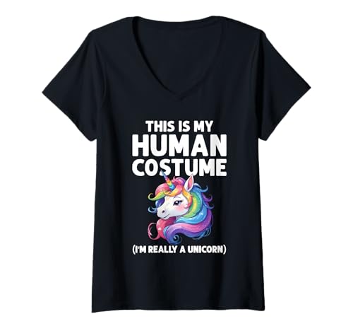 Damen This is My Human Costume I'm Really A Unicorn Halloween T-Shirt mit V-Ausschnitt Damen This is My Human Costume I'm Really A Unicorn Halloween T-Shirt mit V-Ausschnitt von Funny Halloween Costumes
