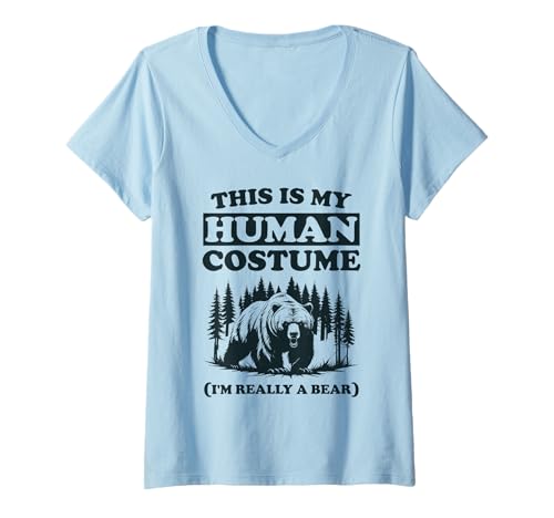 Damen This is My Human Costume I'm Really a Bear Lustiges Halloween T-Shirt mit V-Ausschnitt Damen This is My Human Costume I'm Really a Bear Lustiges Halloween T-Shirt mit V-Ausschnitt von Funny Halloween Costumes