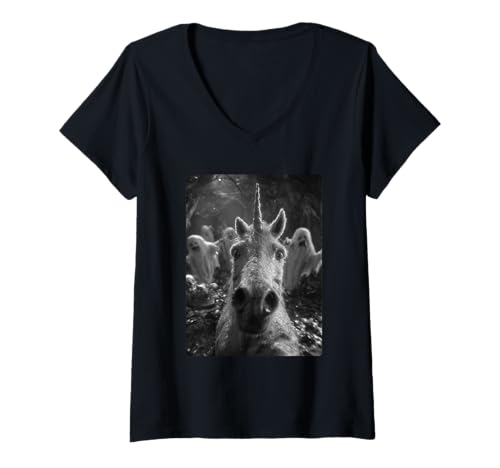 Damen Gruseliges Einhorn Selfie mit Geistern Spukwald Halloween T-Shirt mit V-Ausschnitt Damen Gruseliges Einhorn Selfie mit Geistern Spukwald Halloween T-Shirt mit V-Ausschnitt von Funny Halloween Creatures Selfies Clothing