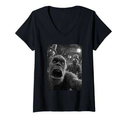 Damen Lustiges Bigfoot Selfie Gruselige Vogelscheuchen Vollmond Halloween T-Shirt mit V-Ausschnitt Damen Lustiges Bigfoot Selfie Gruselige Vogelscheuchen Vollmond Halloween T-Shirt mit V-Ausschnitt von Funny Halloween Creatures Selfies Clothing