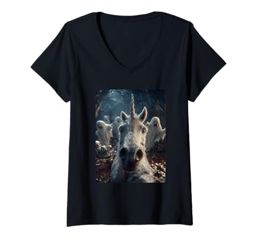 Damen Lustiges Einhorn Selfie mit Geistern Spukwald Halloween T-Shirt mit V-Ausschnitt Damen Lustiges Einhorn Selfie mit Geistern Spukwald Halloween T-Shirt mit V-Ausschnitt von Funny Halloween Creatures Selfies Clothing