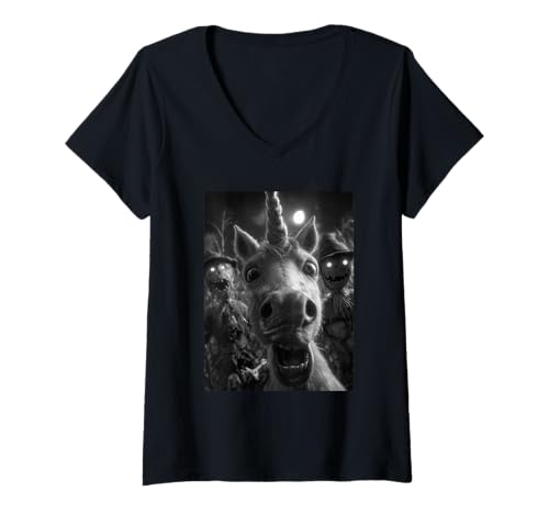 Damen Lustiges Einhorn Selfie mit gruseligen Vogelscheuchen Mond Halloween T-Shirt mit V-Ausschnitt Damen Lustiges Einhorn Selfie mit gruseligen Vogelscheuchen Mond Halloween T-Shirt mit V-Ausschnitt von Funny Halloween Creatures Selfies Clothing