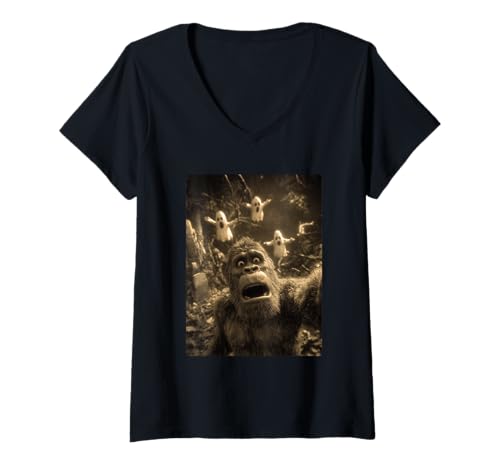 Damen Vintage Bigfoot Selfie mit Geistern Spukwald Halloween T-Shirt mit V-Ausschnitt Damen Vintage Bigfoot Selfie mit Geistern Spukwald Halloween T-Shirt mit V-Ausschnitt von Funny Halloween Creatures Selfies Clothing