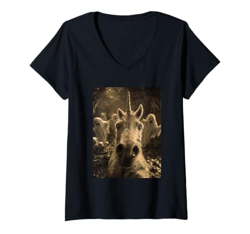 Damen Vintage Einhorn Selfie mit Geistern Spukwald Halloween T-Shirt mit V-Ausschnitt Damen Vintage Einhorn Selfie mit Geistern Spukwald Halloween T-Shirt mit V-Ausschnitt von Funny Halloween Creatures Selfies Clothing