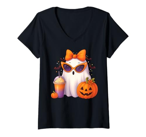 Damen Gruseliger süßer Geist trinkt Kürbis Eiskaffee Halloween Schleife T-Shirt mit V-Ausschnitt Damen Gruseliger süßer Geist trinkt Kürbis Eiskaffee Halloween Schleife T-Shirt mit V-Ausschnitt von Funny Halloween Cute Ghost Apparel for kids girls