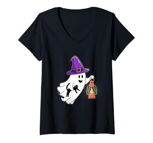 Damen Lustiger Halloween-Geist mit schwarzer Katze T-Shirt mit V-Ausschnitt Damen Lustiger Halloween-Geist mit schwarzer Katze T-Shirt mit V-Ausschnitt von Funny Halloween Cute Ghost Holding Black Cat tees