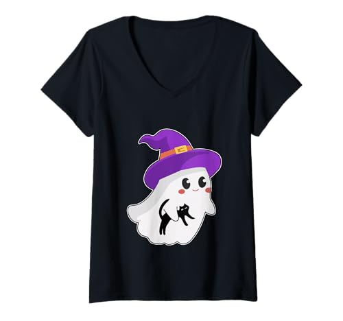 Damen Lustiger Halloween-Geist mit schwarzer Katze T-Shirt mit V-Ausschnitt Damen Lustiger Halloween-Geist mit schwarzer Katze T-Shirt mit V-Ausschnitt von Funny Halloween Cute Ghost Holding Black Cat tees